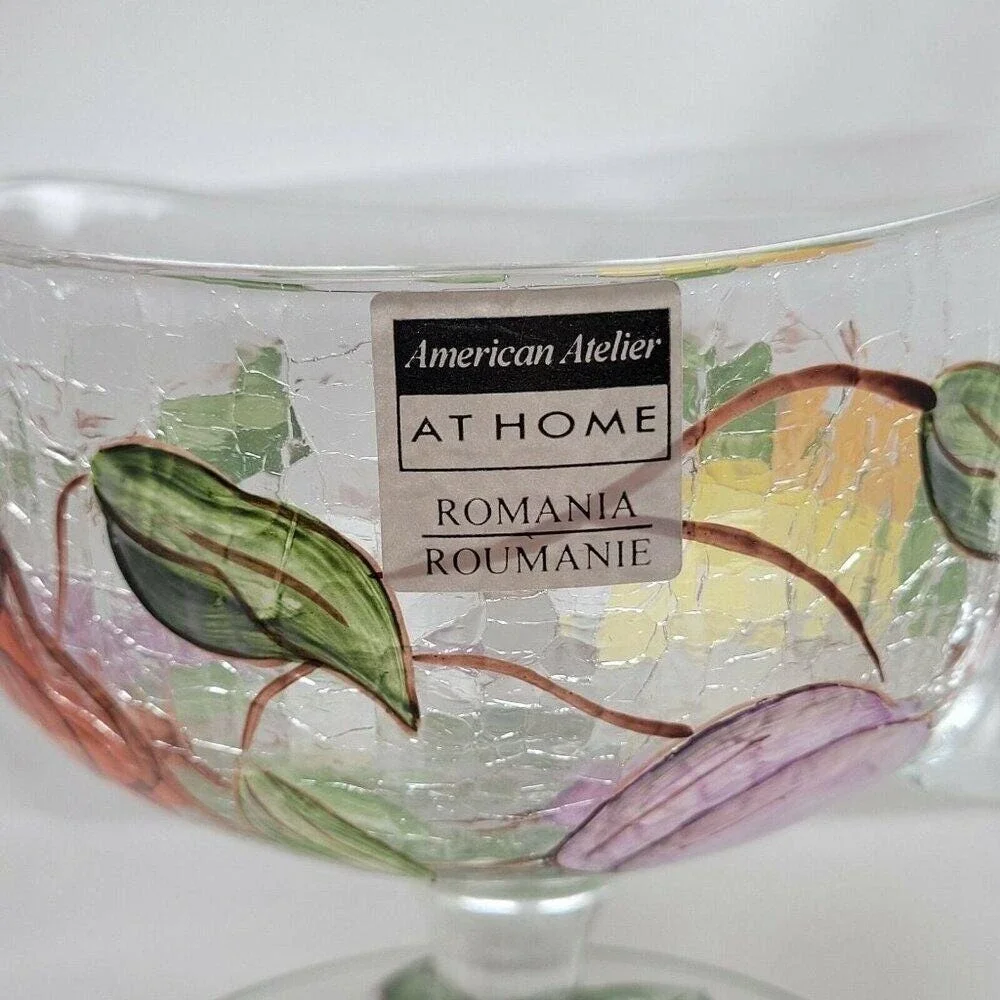 American Atelier Crackle Glass Fruit Gravy Boat Pitcher Romania‎ Hand Paint Leaf